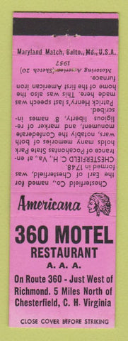Matchbook Cover - 360 Motel Restaurant Chester VA Perkins Americana PINK