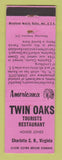Matchbook Cover - Twin Oaks Restaurant Charlotte VA Perkins Americana PINK