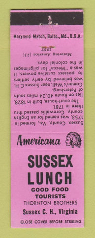 Matchbook Cover - Sussex Lunch Court House VA Perkins Americana PINK