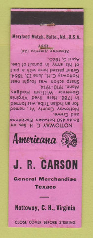Matchbook Cover - JR Carson Texaco oil gas Nottoway VA Perkins Americana PINK