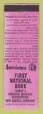 Matchbook Cover - 1st National Bank New Castle VA WEAR Perkins Americana PINK
