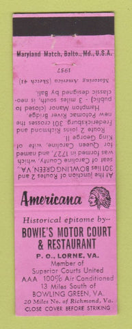 Matchbook Cover - Bowie's Motor Court Bowling Green VA Perkins Americana PINK
