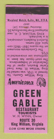 Matchbook Cover - Green Gable Restaurant King William VA Perkins Americana PINK