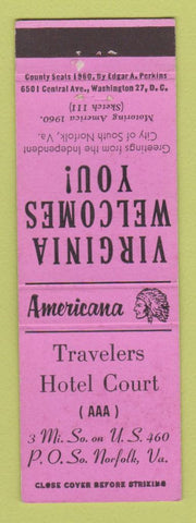 Matchbook Cover - Travelers Hotel Court Norfolk VA Perkins Americana PINK