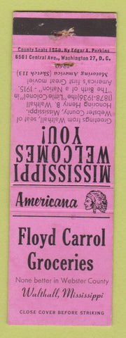 Matchbook Cover - Floyd Carrol Grocery Walthall MS WEAR Perkins Americana PINK