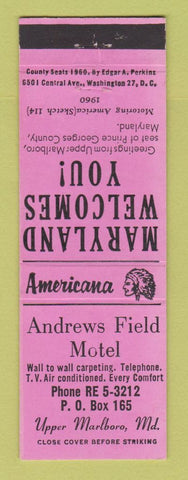 Matchbook Cover - Andrews Field Motel Upper Marlboro MD Perkins Americana PINK