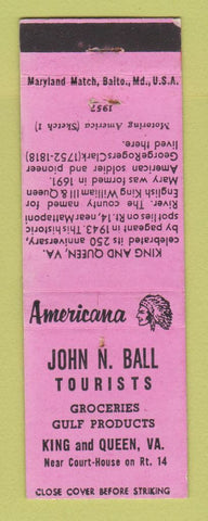 Matchbook Cover John Ball Gulf oil gas King and Queen VA Perkins Americana PINK