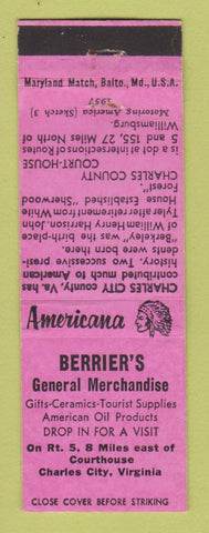 Matchbook Cover - Berrier's General Store Charles City VA Perkins Americana PINK