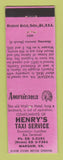 Matchbook Cover - Henry's Taxi Warsaw VA WEAR Perkins Americana PINK