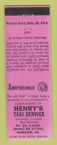 Matchbook Cover - Henry's Taxi Warsaw VA WEAR Perkins Americana PINK
