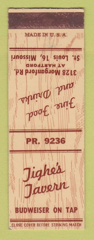 Matchbook Cover - Tighe's Tavern St Louis MO Budweiser Beer SAMPLE WORN BACK