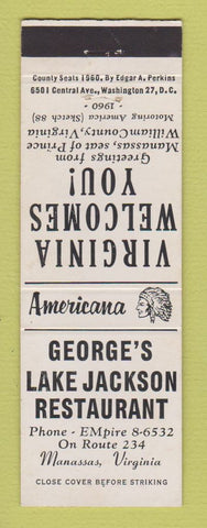 Matchbook Cover - Lake Jackson Restaurant Manassas VA Perkins Americana WHITE