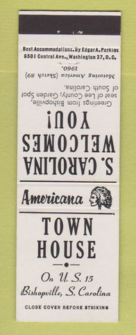 Matchbook Cover - Town House Bishopville SC Perkins Americana WHITE