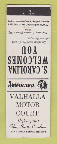 Matchbook Cover - Valhalla Motor Court Olar SC Perkins Americana WHITE