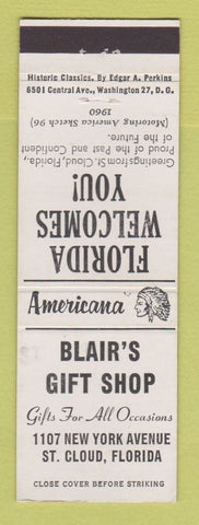Matchbook Cover - Blair's Gift Shop St Cloud FL Perkins Americana WHITE