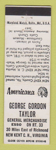 Matchbook Cover - Taylor Esso oil gas New Kent VA Perkins Americana WHITE