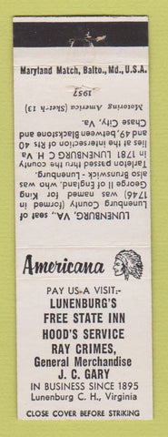 Matchbook Cover - Lunenburg's Free State Inn VA Perkins Americana WHITE