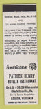 Matchbook Cover - Patrick Henry Hotel Louisa VA Perkins Americana WHITE