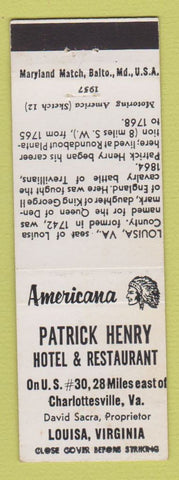 Matchbook Cover - Patrick Henry Hotel Louisa VA Perkins Americana WHITE