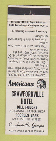 Matchbook Cover - Crawfordville Hotel GA Perkins Americana WHITE