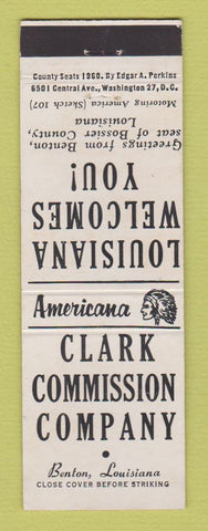 Matchbook Cover - Clark Commission Benton LA Perkins Americana WHITE