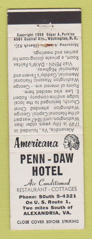 Matchbook Cover - Penn Daw Hotel Alexandria VA Perkins Americana WHITE