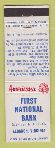 Matchbook Cover - First National Bank Lebanon VA WEAR Perkins Americana WHITE