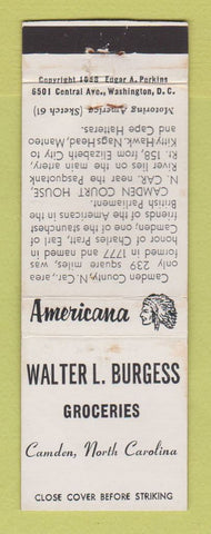 Matchbook Cover - Walter Burgess Grocery Camden NC WEAR Perkins Americana WHITE