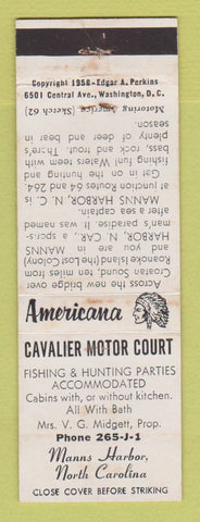Matchbook Cover - Cavalier Court Manns Harbor NC WEAR Perkins Americana WHITE