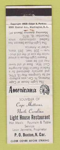 Matchbook Cover Light House Restaurant Cape Hatteras NC Perkins Americana WHITE