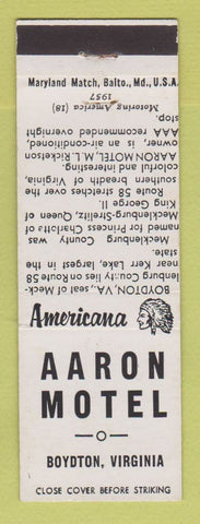 Matchbook Cover - Aaron Motel Boydton VA Perkins Americana WHITE