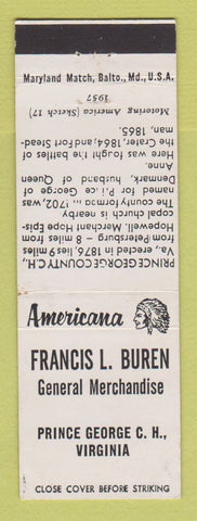 Matchbook Cover - Buren General Store Prince George VA Perkins Americana WHITE