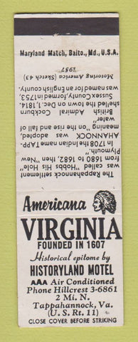 Matchbook Cover - Historyland Motel Tappahannock VA Perkins Americana WHITE
