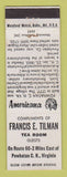 Matchbook Cover - Francis Tilman TEA Room Powhatan VA Perkins Americana WHITE