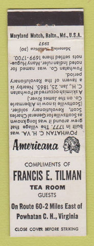 Matchbook Cover - Francis Tilman TEA Room Powhatan VA Perkins Americana WHITE