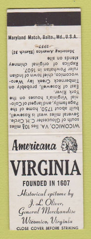 Matchbook Cover - Oliver General Store Wicomico VA Perkins Americana WHITE