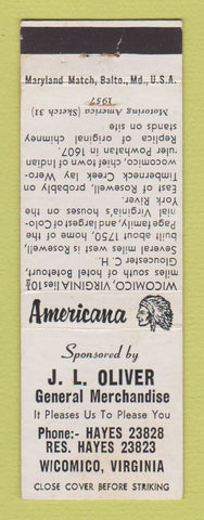 Matchbook Cover - Oliver General Store Wicomico VA Perkins Americana WHITE