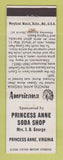 Matchbook Cover - Princess Anne Soda Shop VA Perkins Americana WHITE