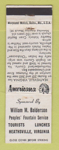 Matchbook Cover - Peoples' Fountain Heathsville VA WEAR Perkins Americana WHITE