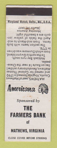 Matchbook Cover - Farmers Bank Mathews VA Perkins Americana WHITE