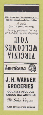 Matchbook Cover Warner Grocery Amoco oil gas Mt Solon VA Perkins Americana WHITE