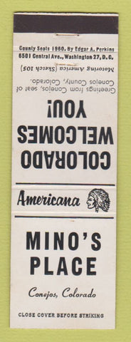 Matchbook Cover - Mino's Place Conejos Colorado Perkins Americana WHITE