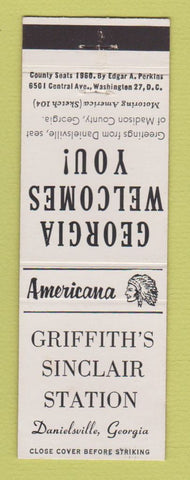Matchbook Cover - Sinclair oil gas Danielsville GA Perkins Americana WHITE