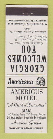 Matchbook Cover - Americus Hotel GA Perkins Americana WHITE