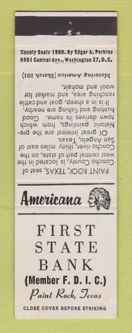 Matchbook Cover - First State Bank Paint Rock TX Perkins Americana WHITE