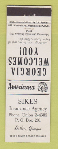 Matchbook Cover - Sikes Insurance Butler GA Perkins Americana WHITE