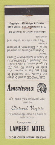 Matchbook Cover - Lambert Hotel Clintwood VA Perkins Americana WHITE
