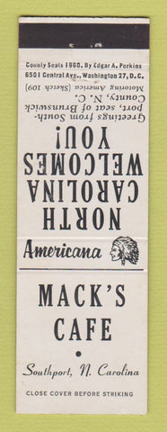 Matchbook Cover - Mack's Cafe Southport NC Perkins Americana WHITE