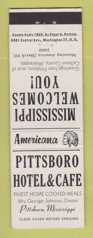 Matchbook Cover - Pittsboro Hotel Cafe MS Perkins Americana WHITE