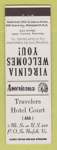 Matchbook Cover - Travelers Hotel Court Nofolk VA Perkins Americana WHITE